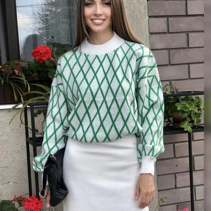 Femme Artistic Diamond Pattern Strikpullover Stilla