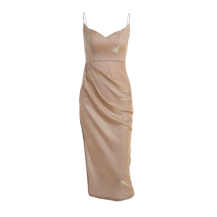 Dame elegant metallic- effekt midikjole med spaghetti stropper Skovae