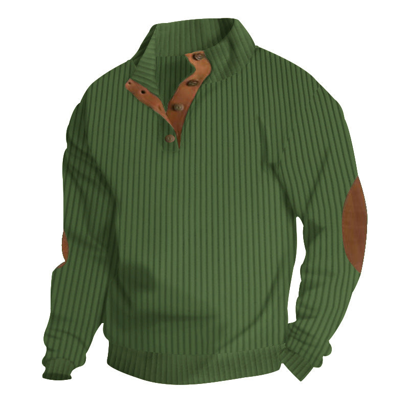 Herren nan struktureret rib-pullover med kort knapkrave og suede albue-patches Skovae