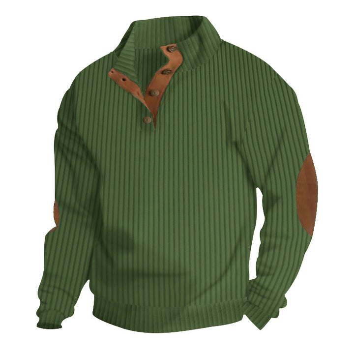 Herren nan struktureret rib-pullover med kort knapkrave og suede albue-patches Skovae