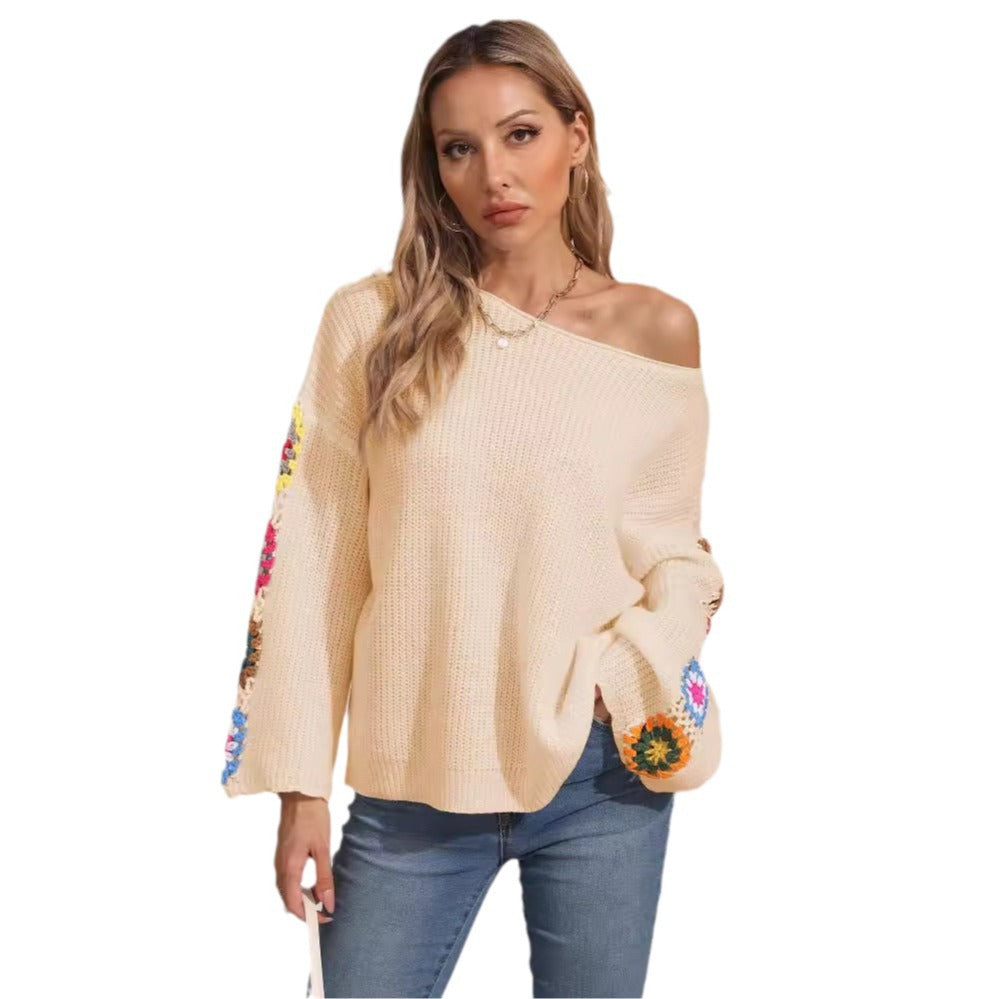 Dame Loose Strikpullover med farverige Broderier Stilla