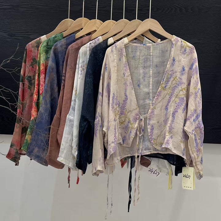 Femme Åben Front Blomster Mønster Kimono Jakke Stilla