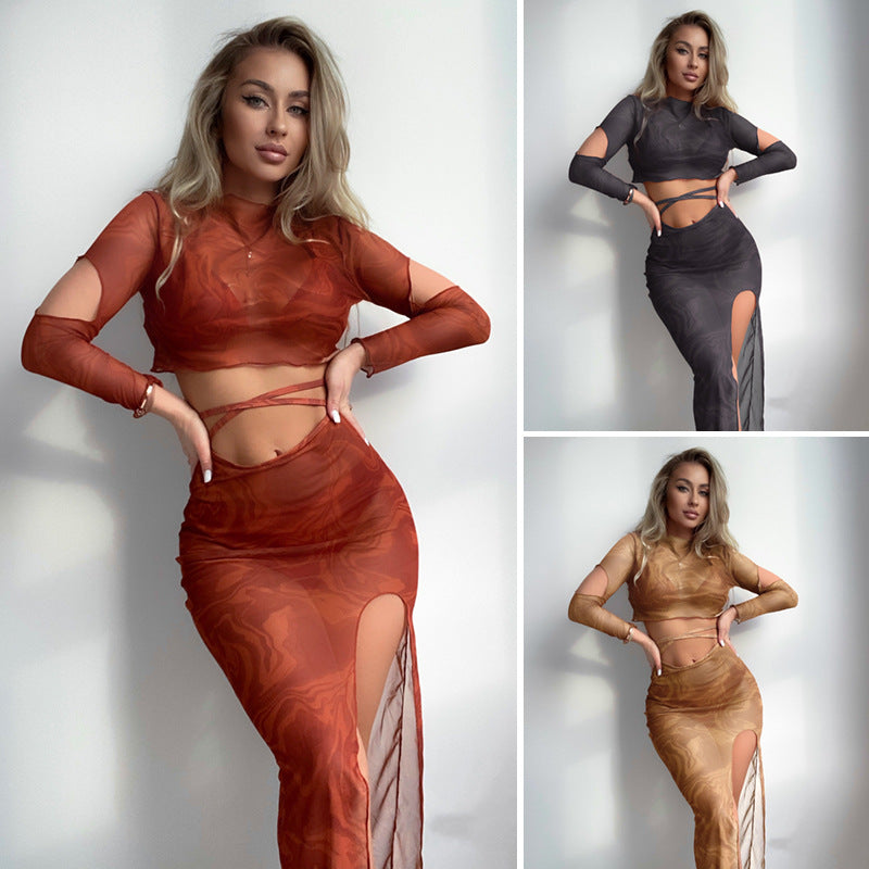 Dame overdel og nederdel sæt med gennemsigtigt design og moderne cut-outs Skovae