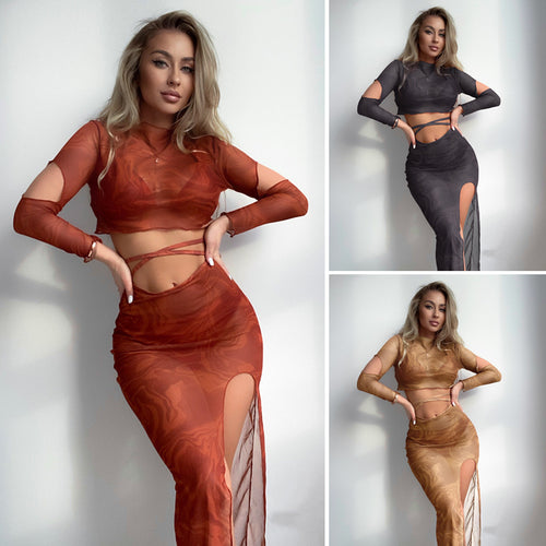 Dame overdel og nederdel sæt med gennemsigtigt design og moderne cut-outs Skovae