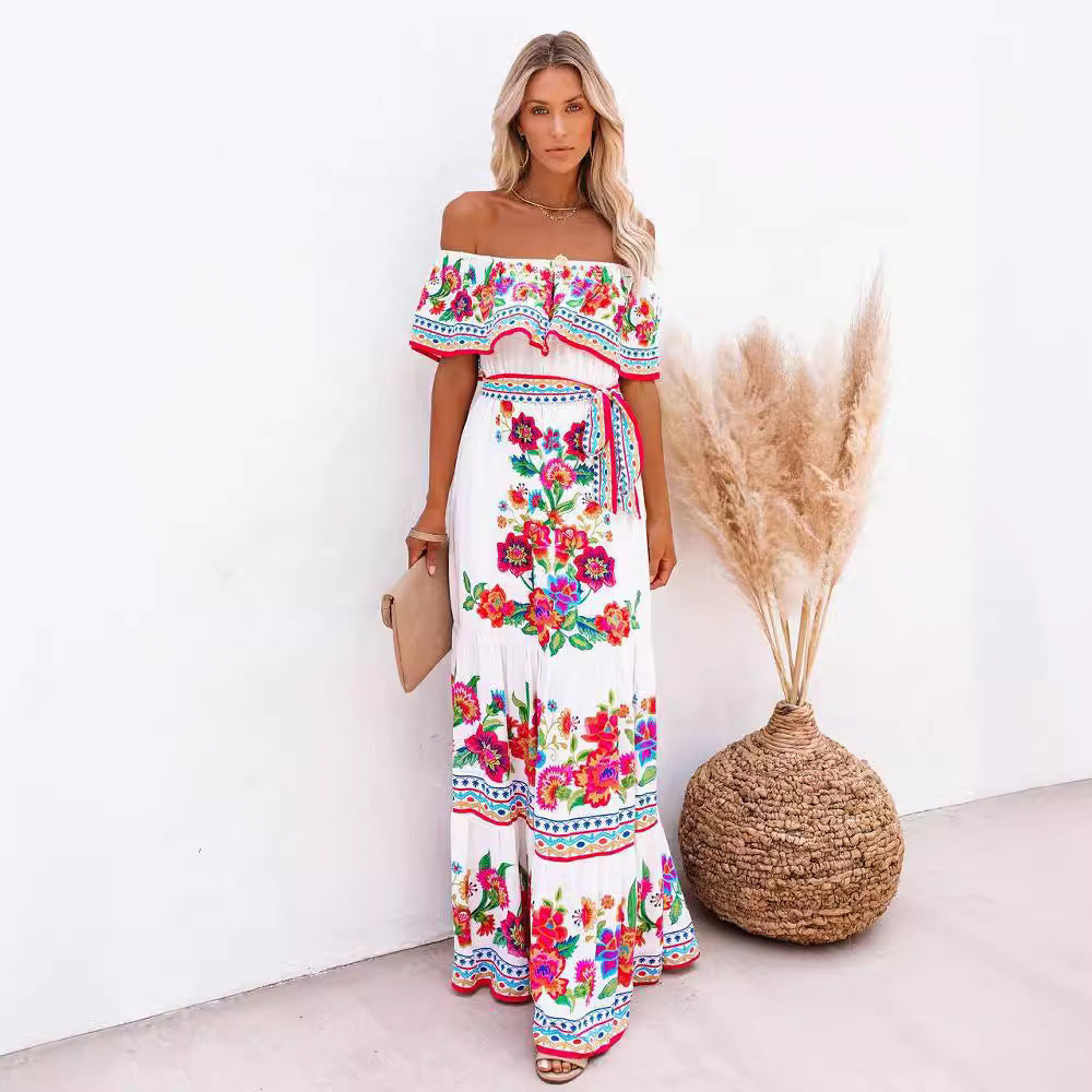 Dame Off-Shoulder Maxikjole med blomster mønstre og elastisk taljebælte Stilla