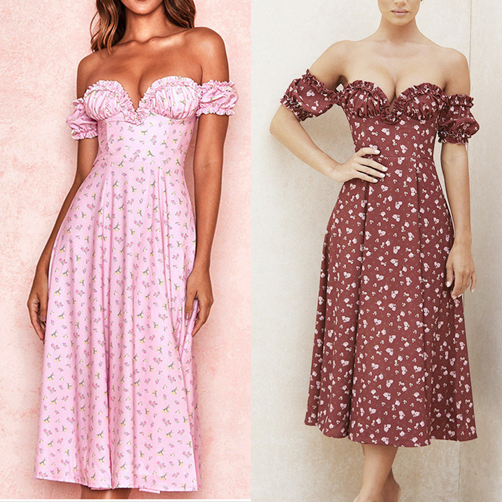 Dame Off-Shoulder Midikjole med Flæse og Florale Accenter Stilla