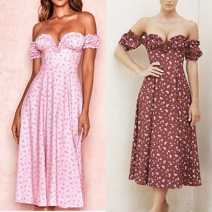 Dame Off-Shoulder Midikjole med Flæse og Florale Accenter Stilla