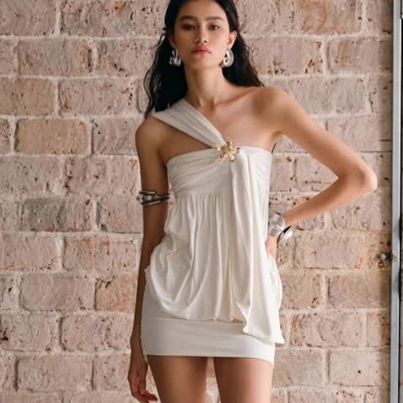 Dame One-Shoulder Draperet Mini-Kjole med udsmykkede detaljer Stilla