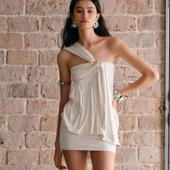 Dame One-Shoulder Draperet Mini-Kjole med udsmykkede detaljer Stilla