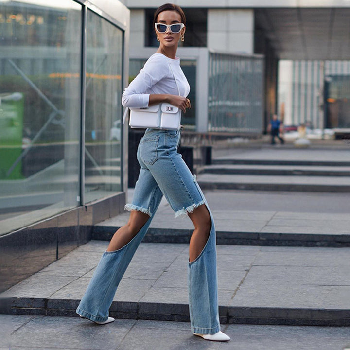 Dame mode Cargo-jeans med høj slids og frynset detaljer Stilla