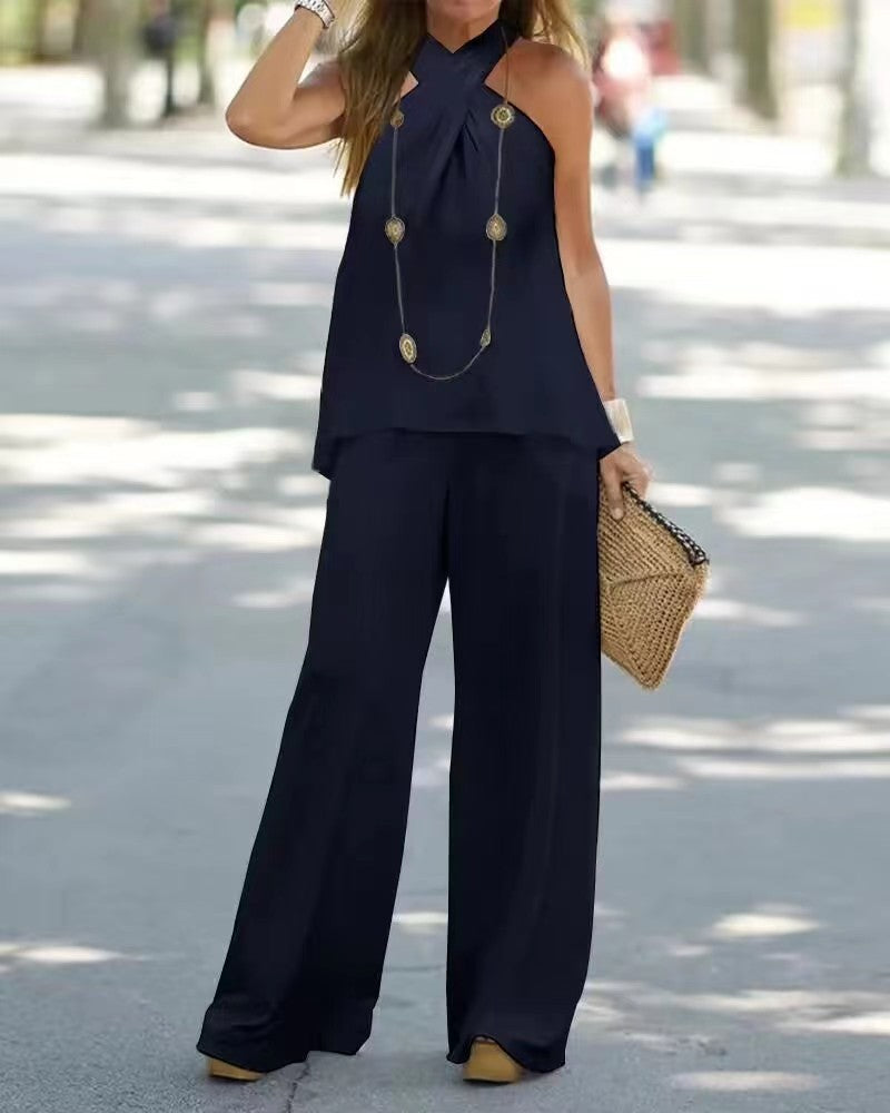 Dame luftig to-delt top med elegant drapering og bredt ben Stilla
