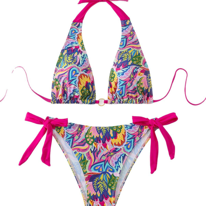 Dame TRIANGLE-bikini med fashionable bindebånd og iøjnefaldende mønstermix Skovae