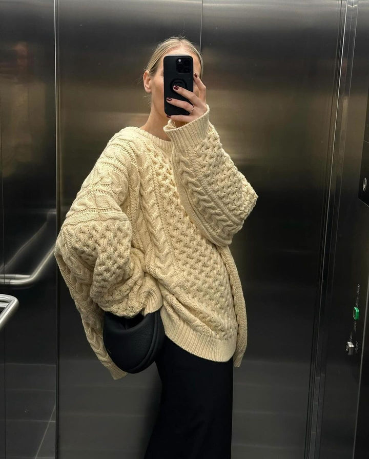Dame grovstrikket sweater med brede ærmer og struktureret overflade Stilla