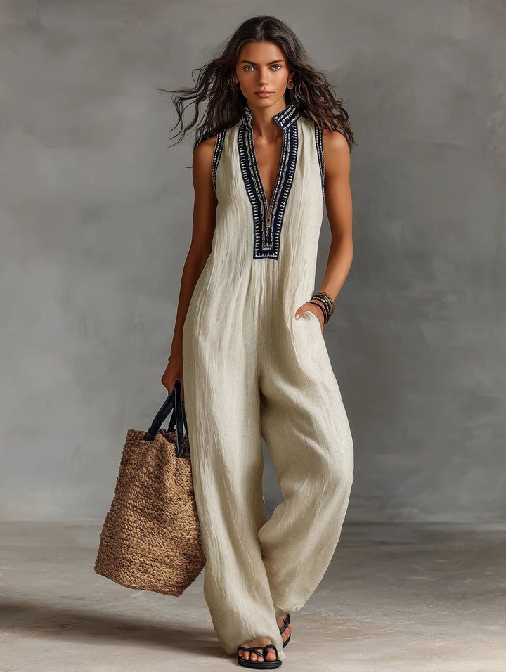 Dame luftig jumpsuit med elegant V-halsudskæring og broderet krave Skovae