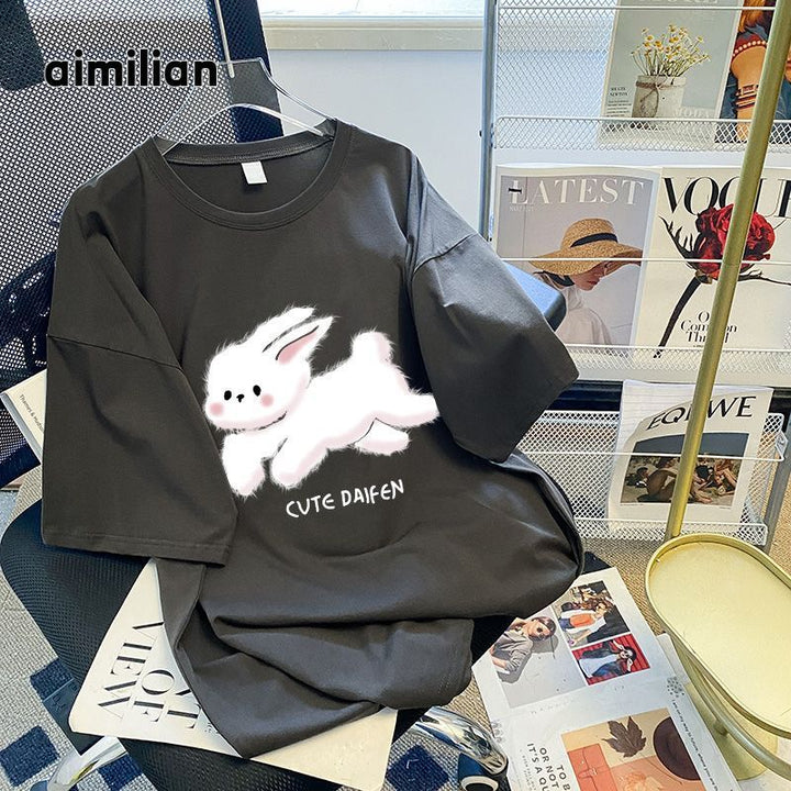 Dame T-shirt med sødt kaninmotiv og afslappet pasform Stilla