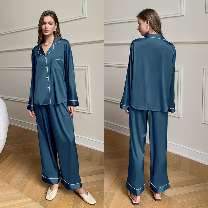 Dame elegant satin natkjole sæt med klassisk krave og brede bukser Stilla