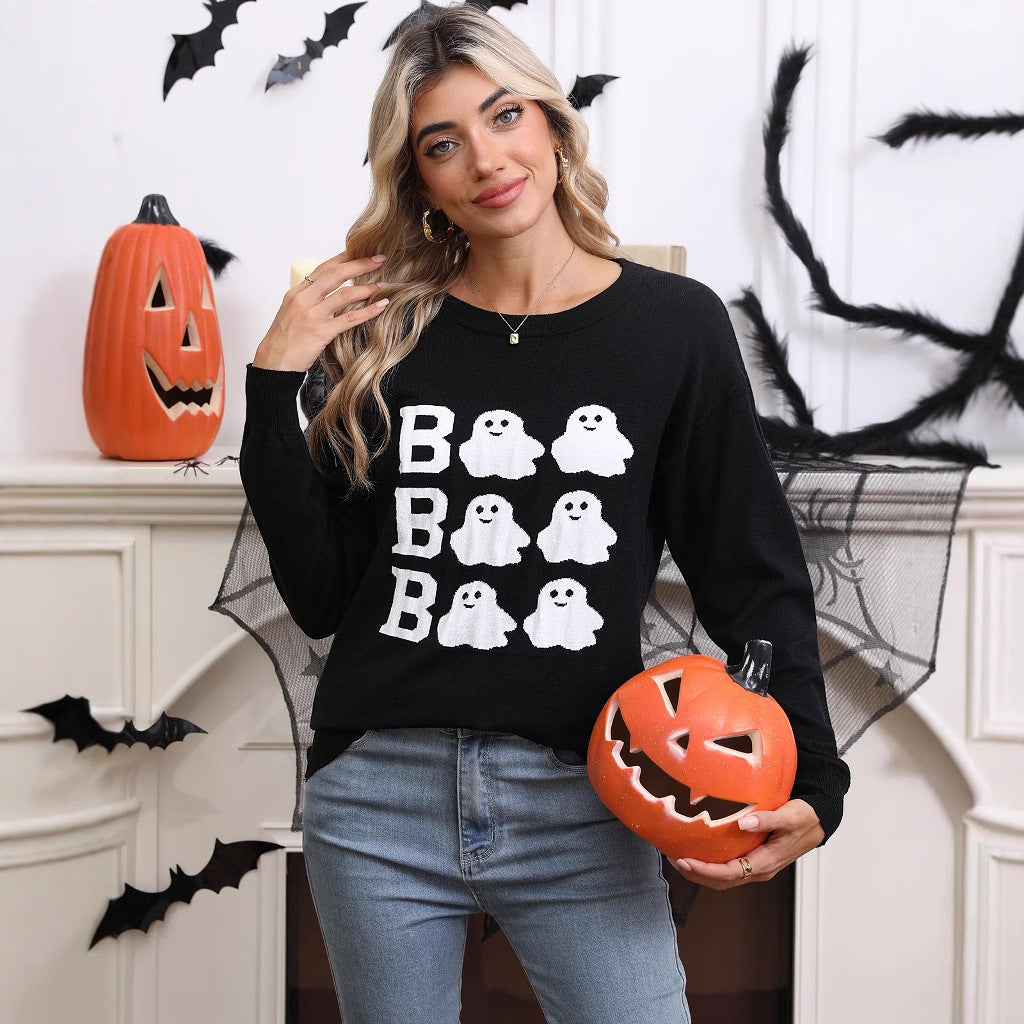 Kvindernes Strikkede Halloween Sweater med Geist Motiv og Løs Fit Stilla