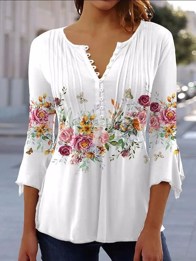 Dame nan luftig tunika-bluse med akvarel blomsterbånd, kælderfolder og trekvartærmer Skovae
