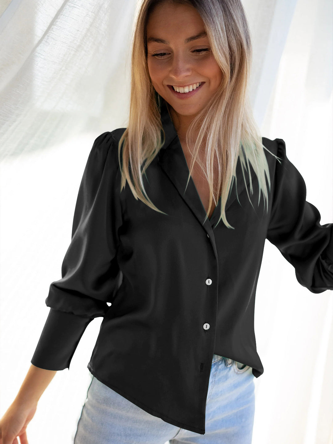 Dame Elegant Silketop med dyb V-hals og klassisk krave Stilla