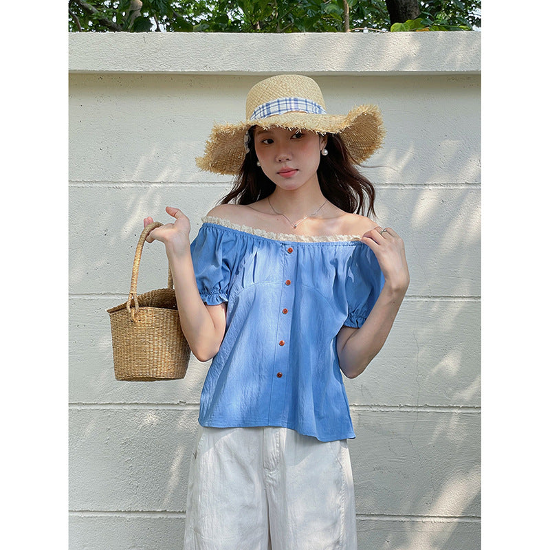 Dame Off-Shoulder Bluse med knapdetaljer og elastiske ærmer Stilla