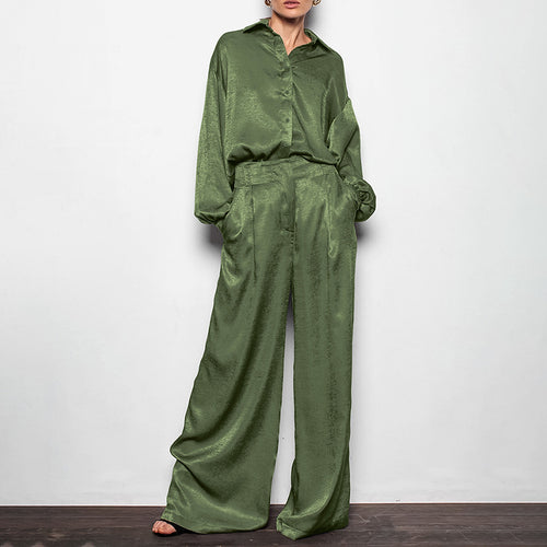 Dame Satin-bluse- og bukse-sæt med brede skær og moderne detaljer Stilla