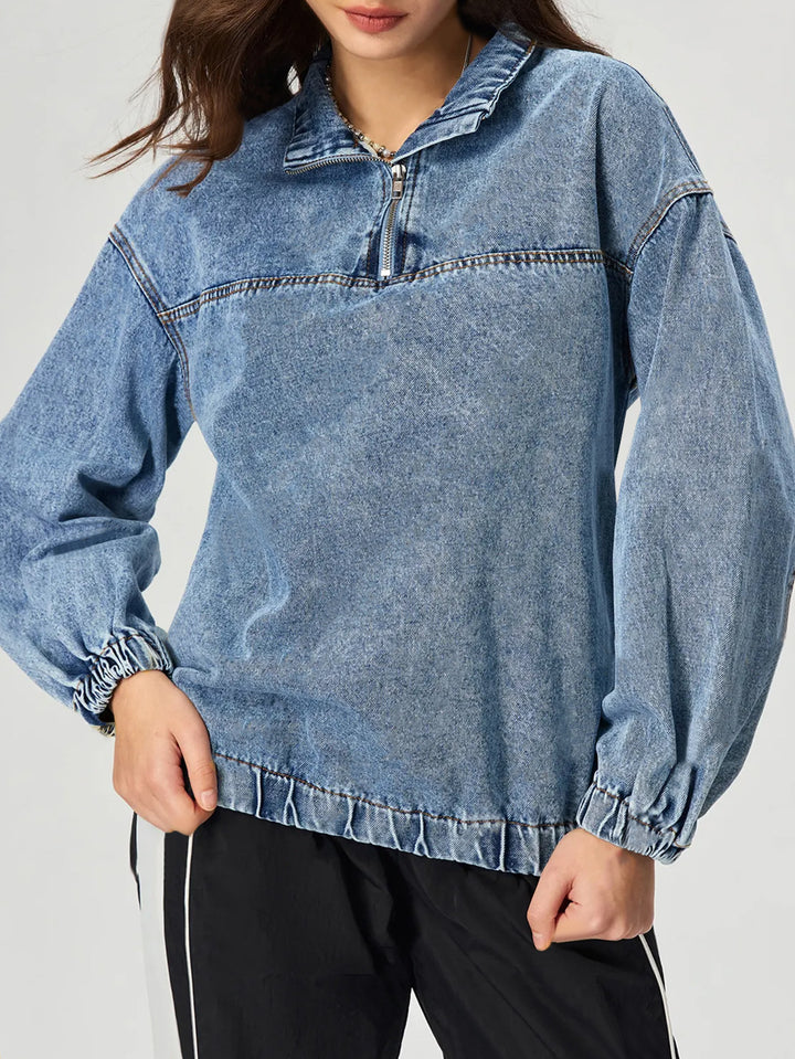 Kvinders løse denimpullover med opretstående krave og lynlås Stilla