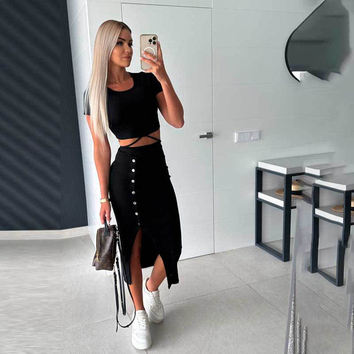 Dame to-delt sæt med crop top og smal midi skørt mulighed Stilla