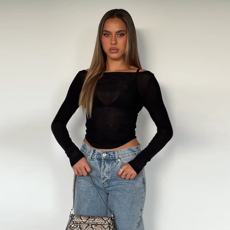 Kvindernes langærmede top med transparent mesh-design og off-shoulder look