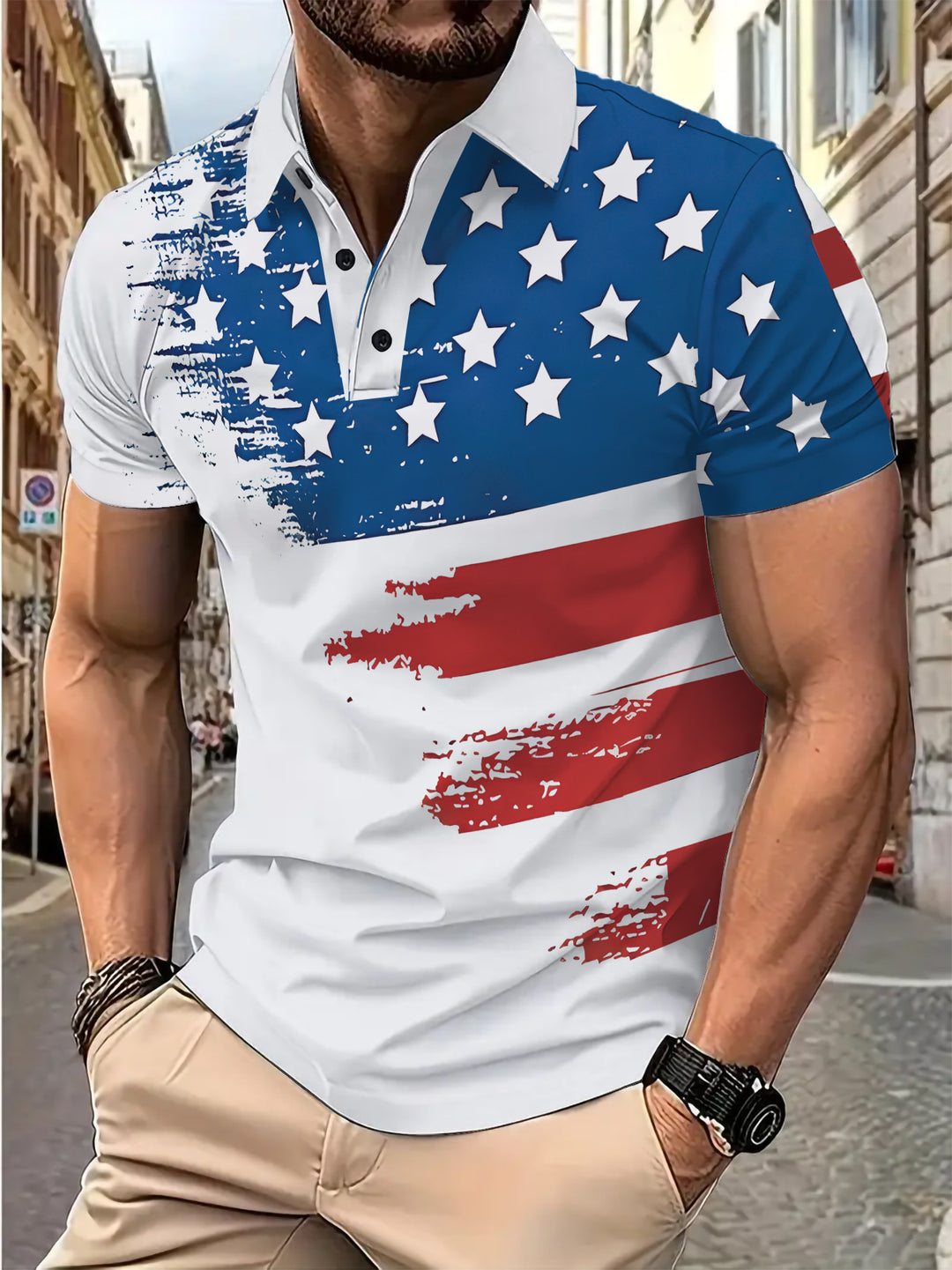 Herrer poloshirt med kreativt flagmotiv og åndbare egenskaber Stilla
