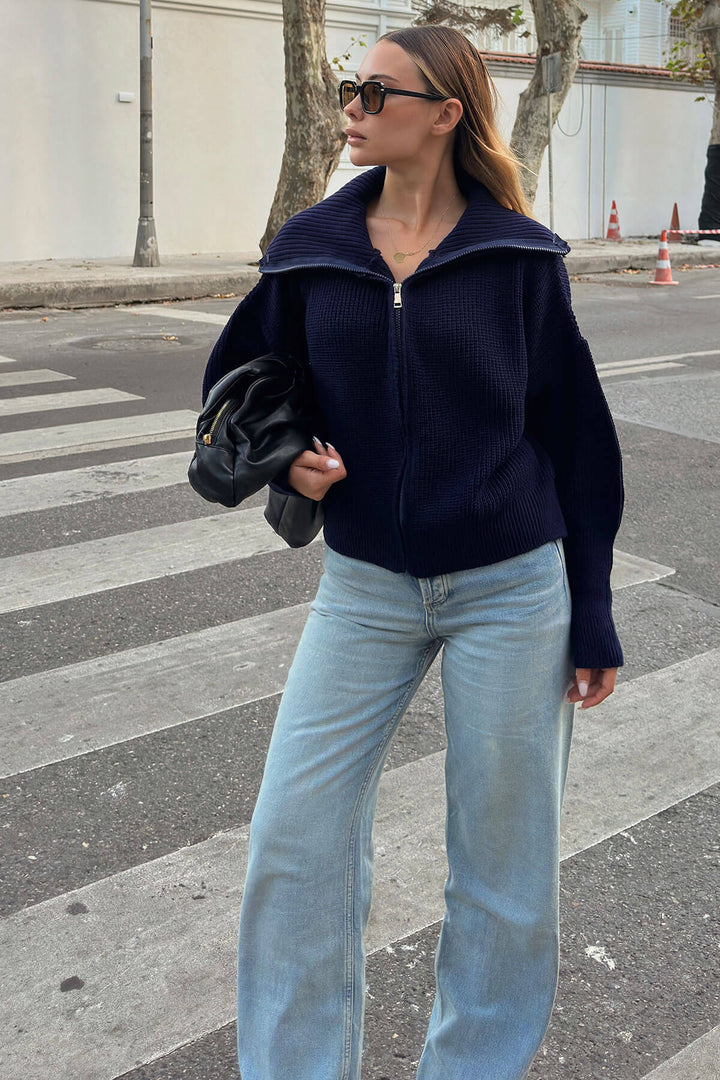 Dame Oversized Strik Cardigan med Høj Krave og Lynlås Skovae
