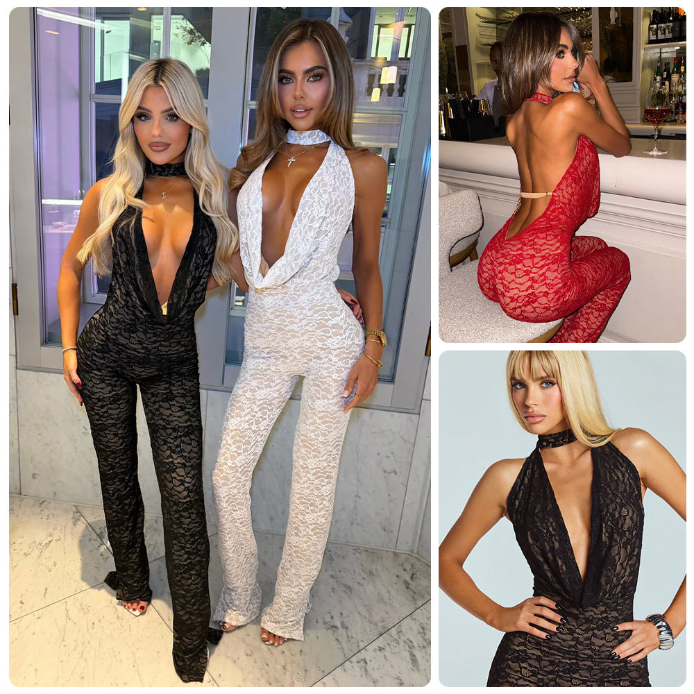 Kvinders jumpsuit lavet af fint blonde med dyb V-hals og elegant rygdesign