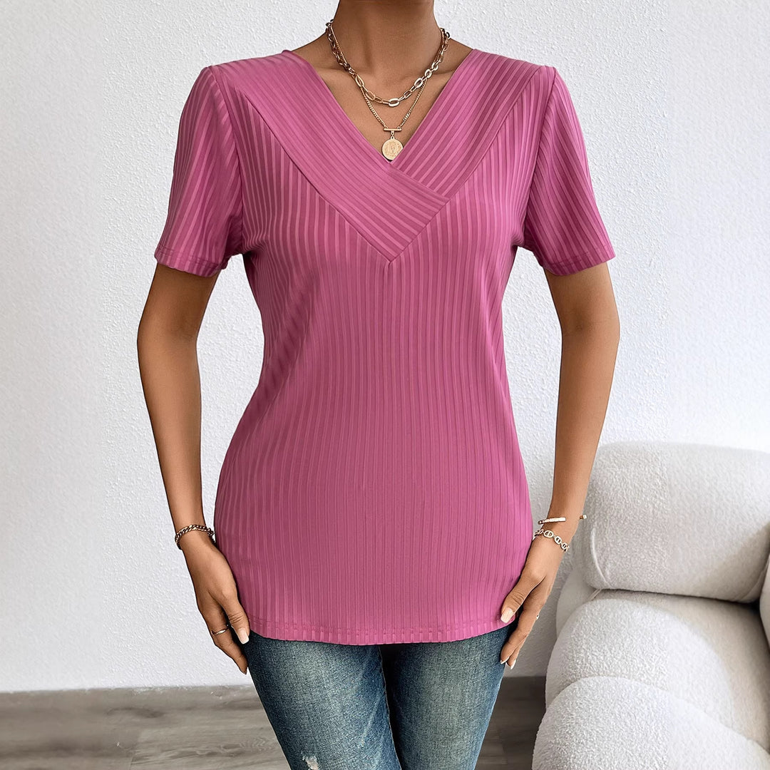 Women Elegant T-Shirt med V-Hals og Plisseret Struktur Stilla