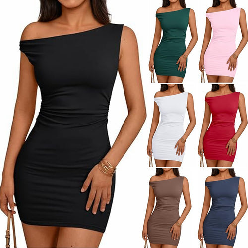 Femme Én-skulder Bodycon Kjole med Rynke Detalje Stilla