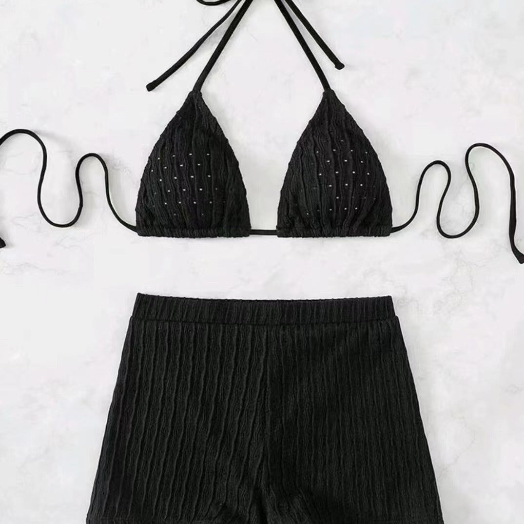 Dame Ripp Triangle Bikini Sæt med Høj Talje Shorts Stilla