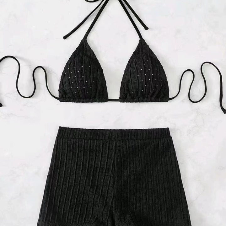 Dame Ripp Triangle Bikini Sæt med Høj Talje Shorts Stilla