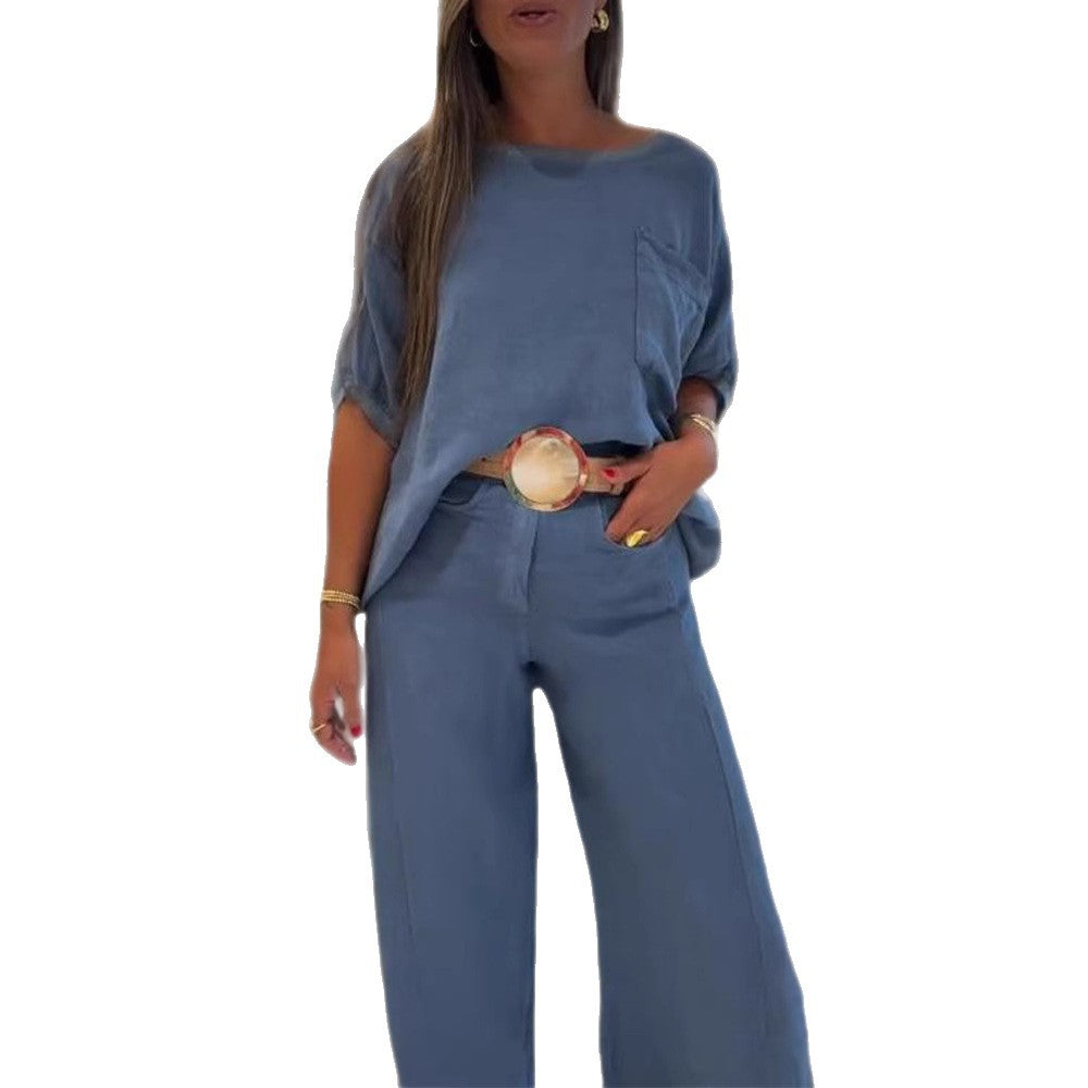 Damer nan afslappet hørmix-sæt med kasseformet oversized-top, påsyet brystlomme og bred palazzo-bukseben Skovae