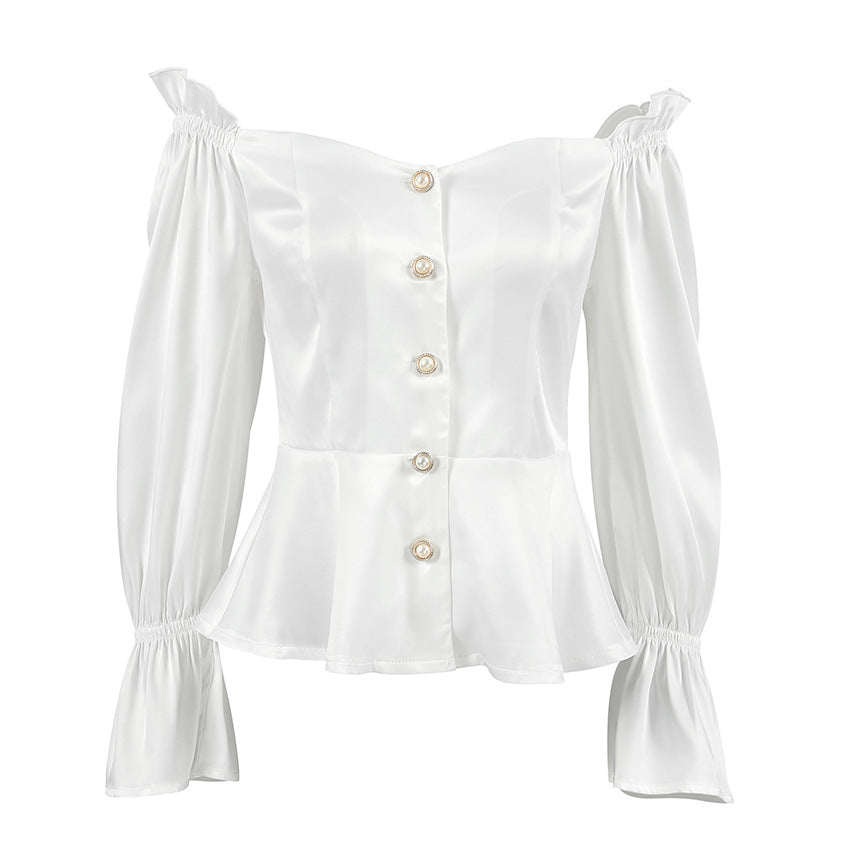Dame Off-Shoulder Bluse med Puffærmer og elegant Knapliste Stilla