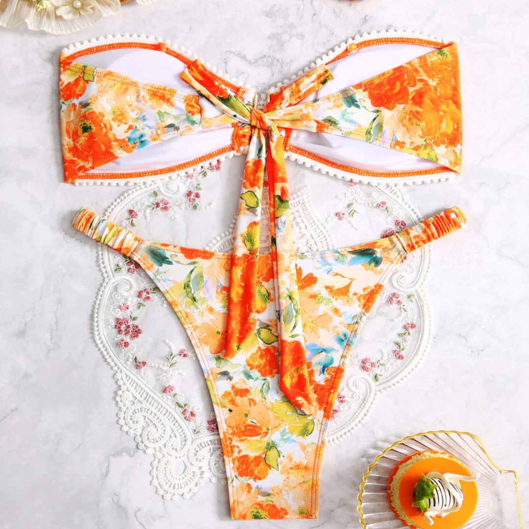 Dame Floral Print Bandeau Bikini Sæt Stilla
