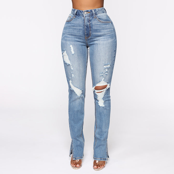 Dame High-Waist Jeans i moderne Destroyed-look Stilla