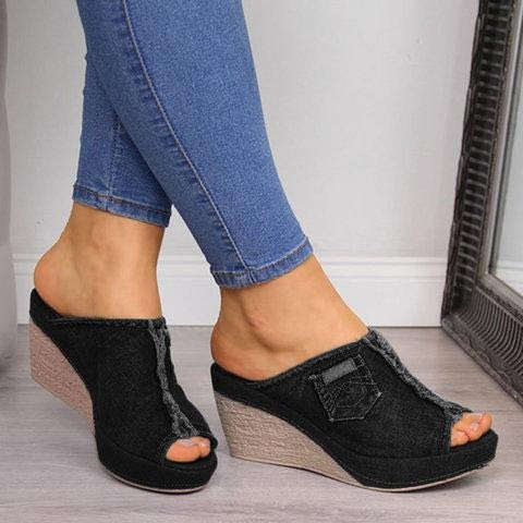 Dame Wedge-Pantoletten i jeanslignende materiale med dekorative lommer Stilla