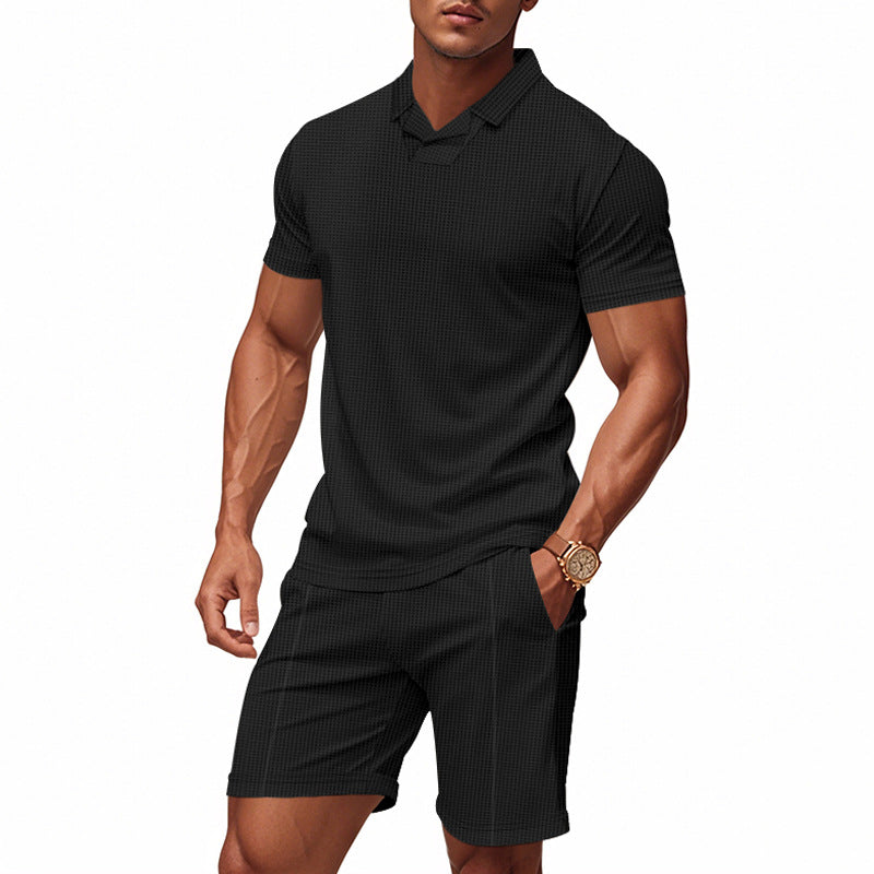 Herre nan afslappet vaffelstruktur fritids sæt med reverskrave kortærmet shirt og elastiske fritids shorts Skovae