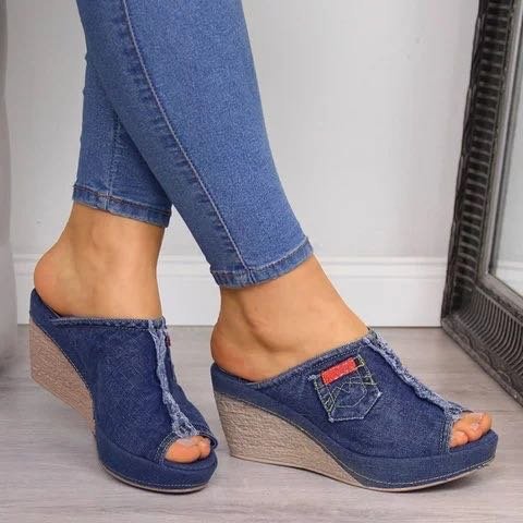 Dame Wedge-Pantoletten i jeanslignende materiale med dekorative lommer Stilla