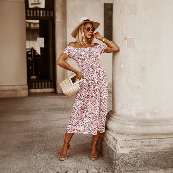 Dame maxikjole med blomster V-udskæring og svingende skirt Stilla