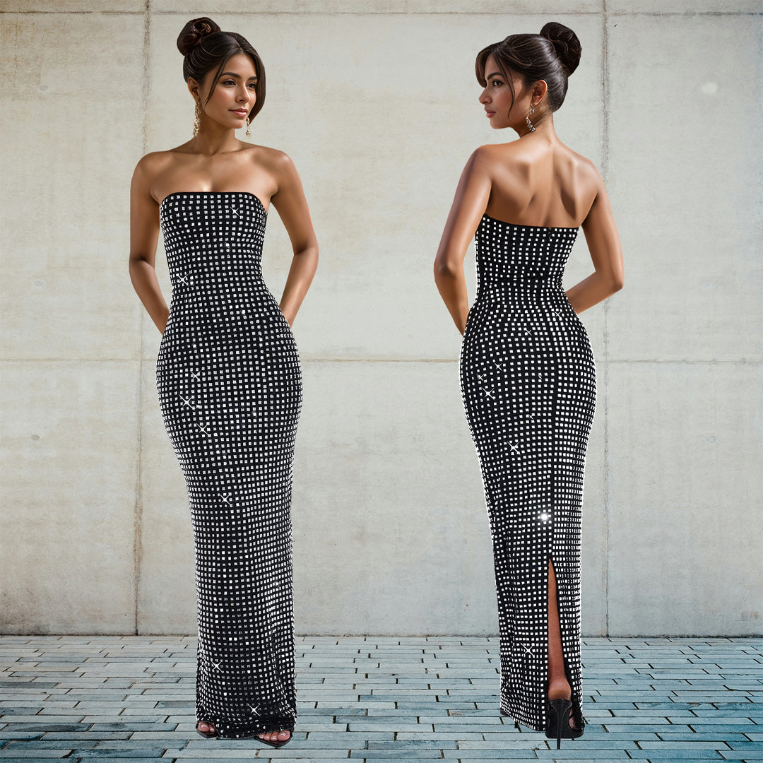 Dame Strapless Maxikjole med elegant prikmønster og figurbetonet silhuet Stilla