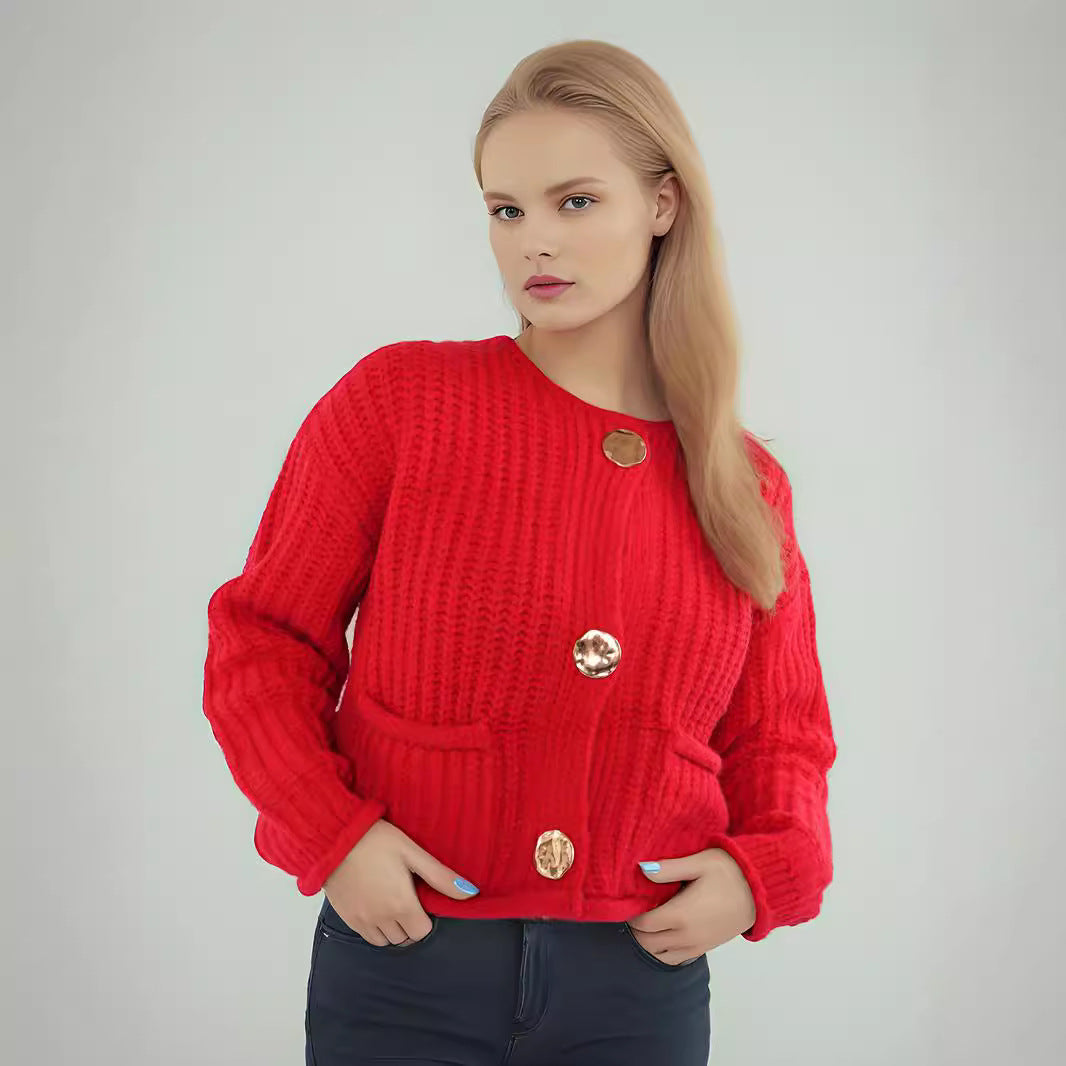 Kvinders hyggelige cardigan med store knapper og lomme med klap Stilla