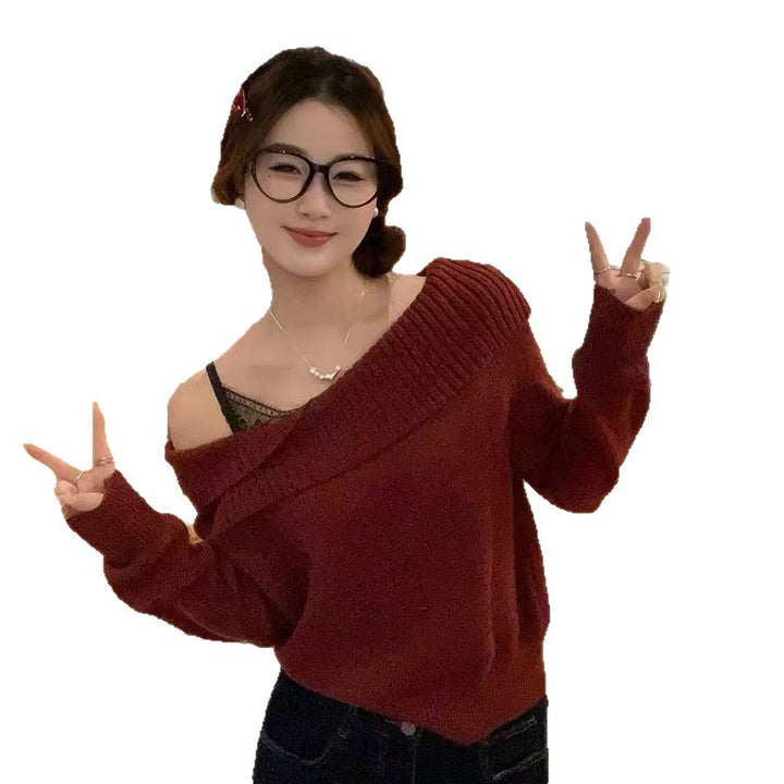Kvinders afslappede strik pullover med off-shoulder design og moderne ribbede detaljer Skovae