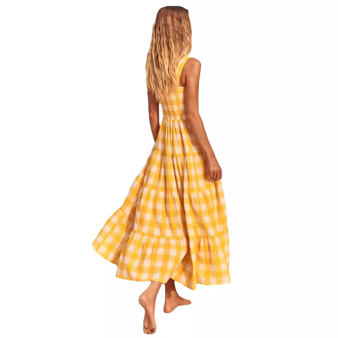 Dame sommer maxi kjoler med ternet design og stropper Skovae
