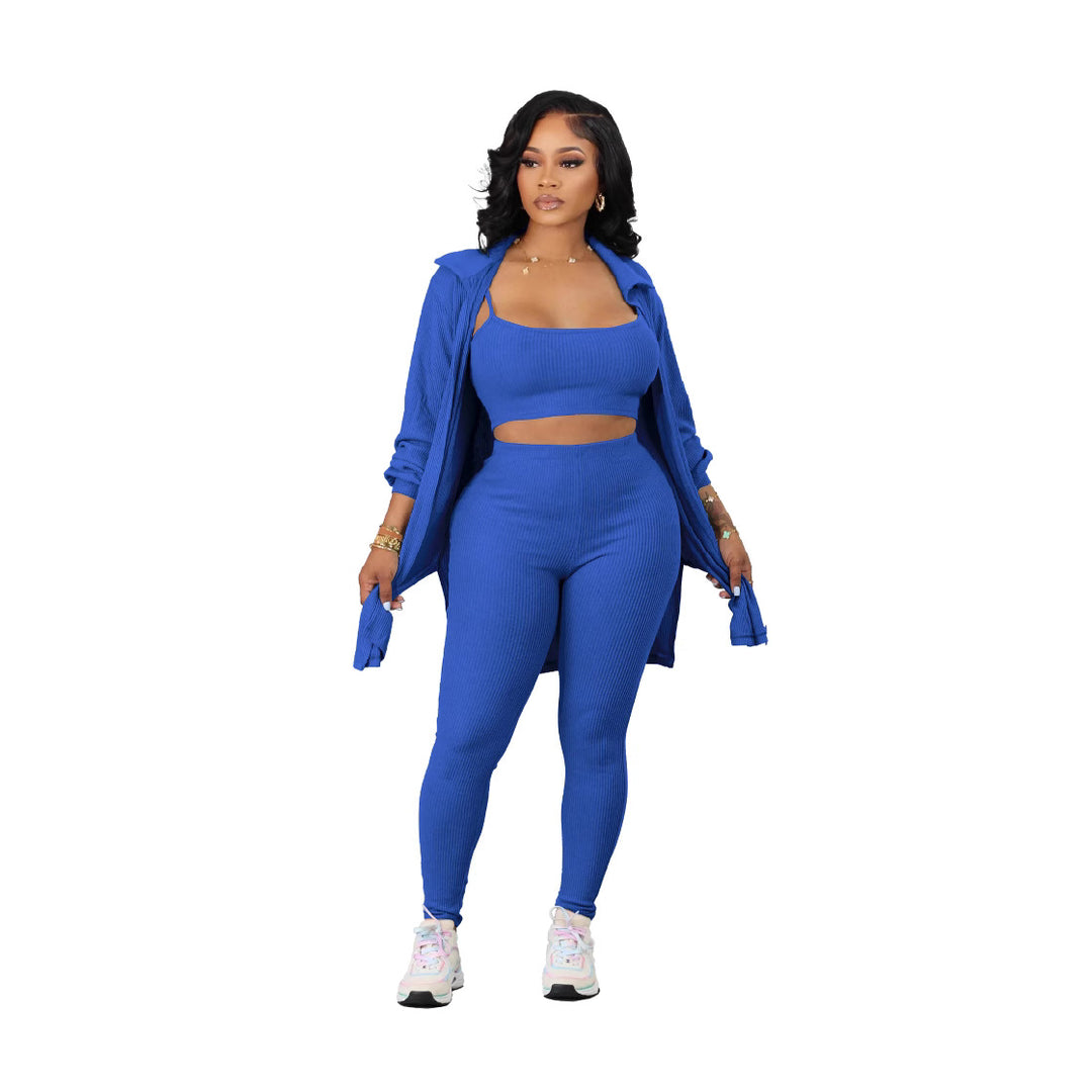 Dame Sporty 3-delt Set med cropped top, leggings og lang jakke Stilla