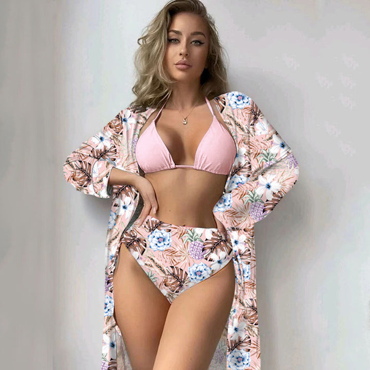 Dame bikini-sæt med blomstermønster og åben kimono Stilla