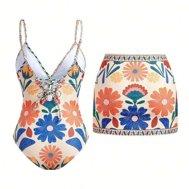 Dame badedragt med et floralt design og aftagelig nederdel Skovae